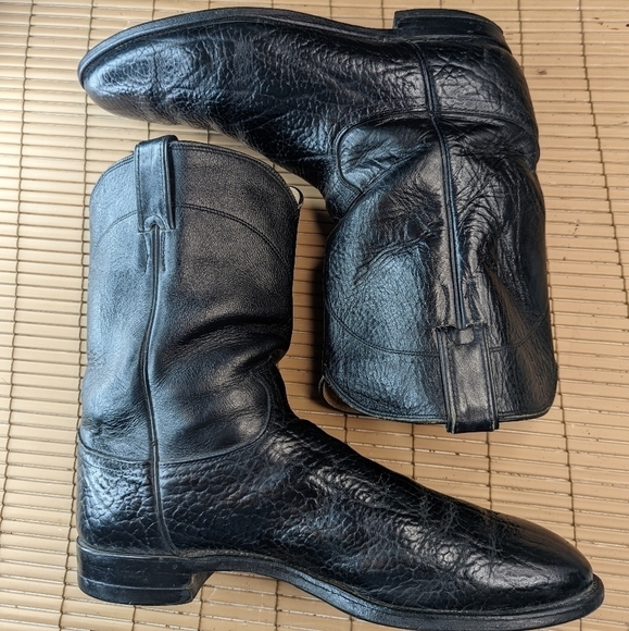 Justin Boots 3187 Classic Roper Boots Black Shrunken Shoulder Bullhide Roper Toe - Picture 6 of 10